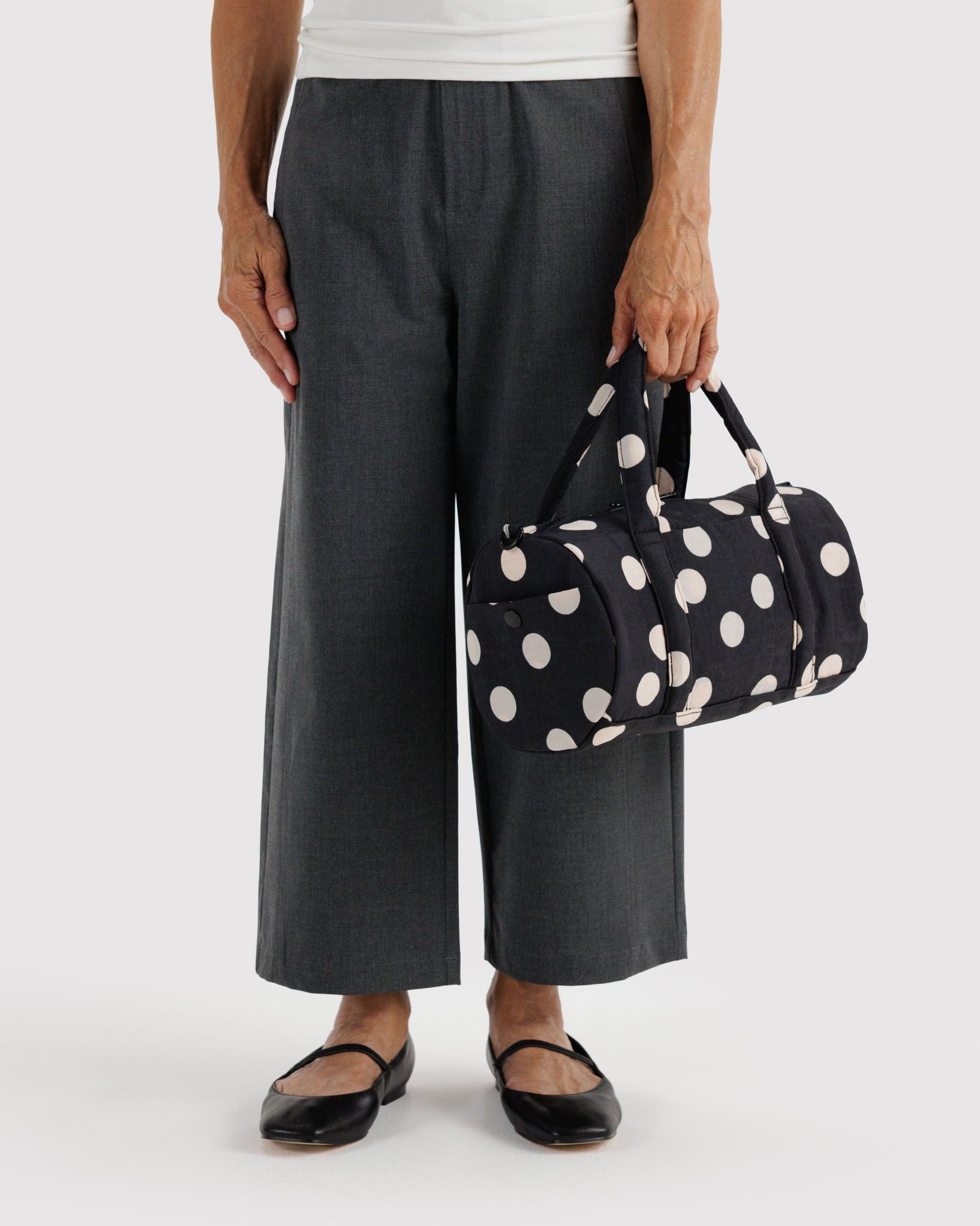 Nylon Duffle Bag - Black and Cream Polka Dot