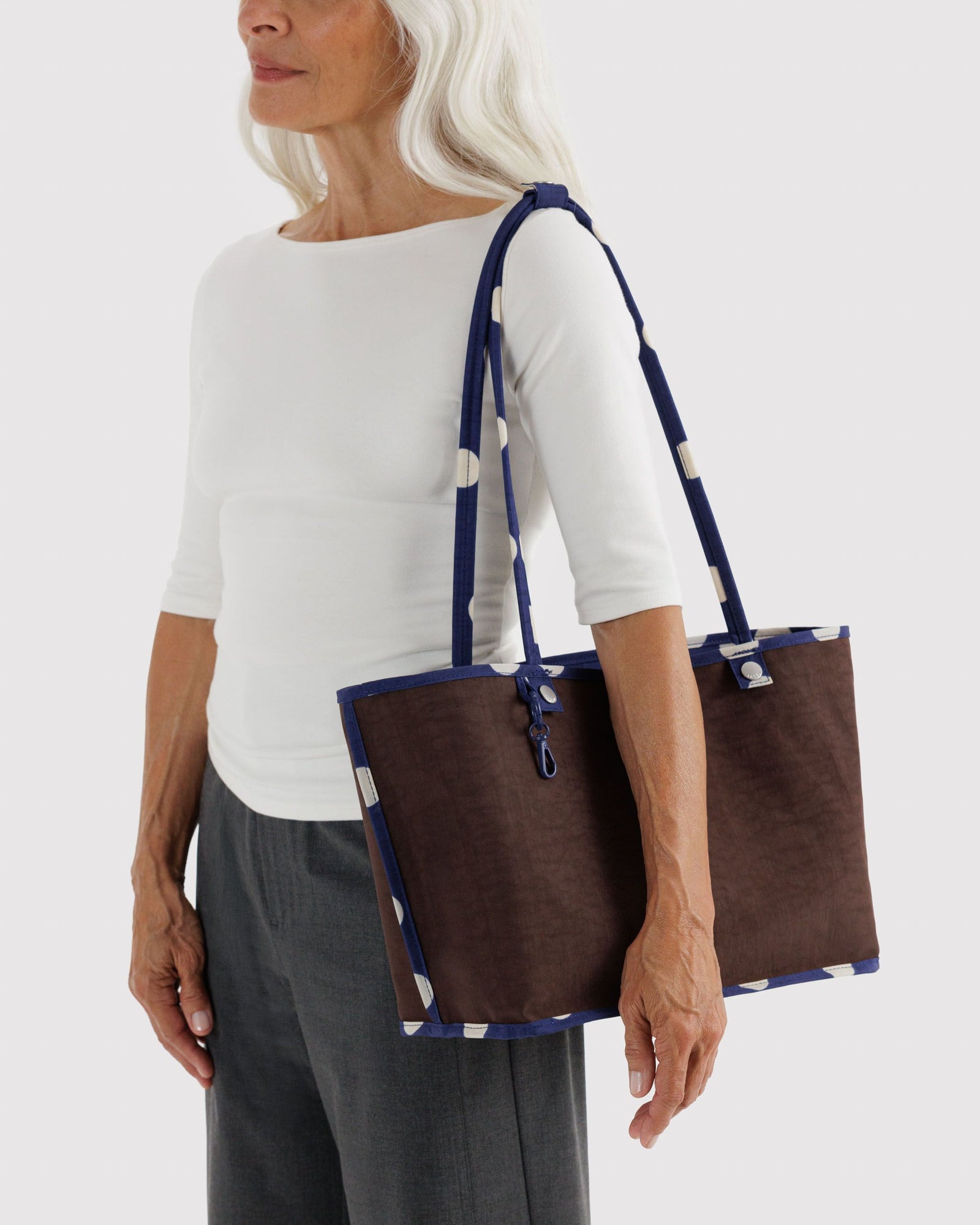 Medium Nylon Reversible Tote - Navy Polka Dot Mix
