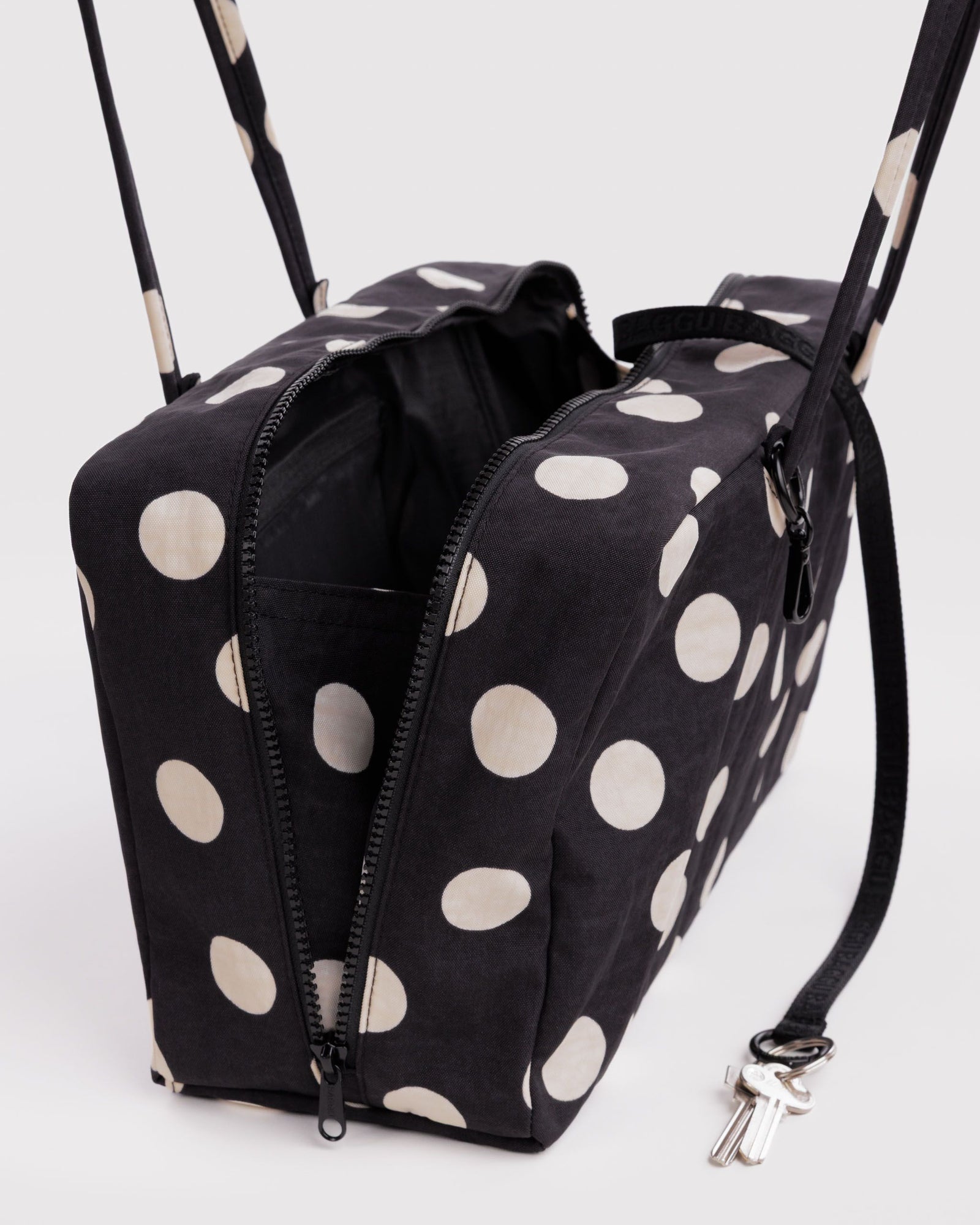 Medium Nylon Bowler Bag - Black and Cream Polka Dot