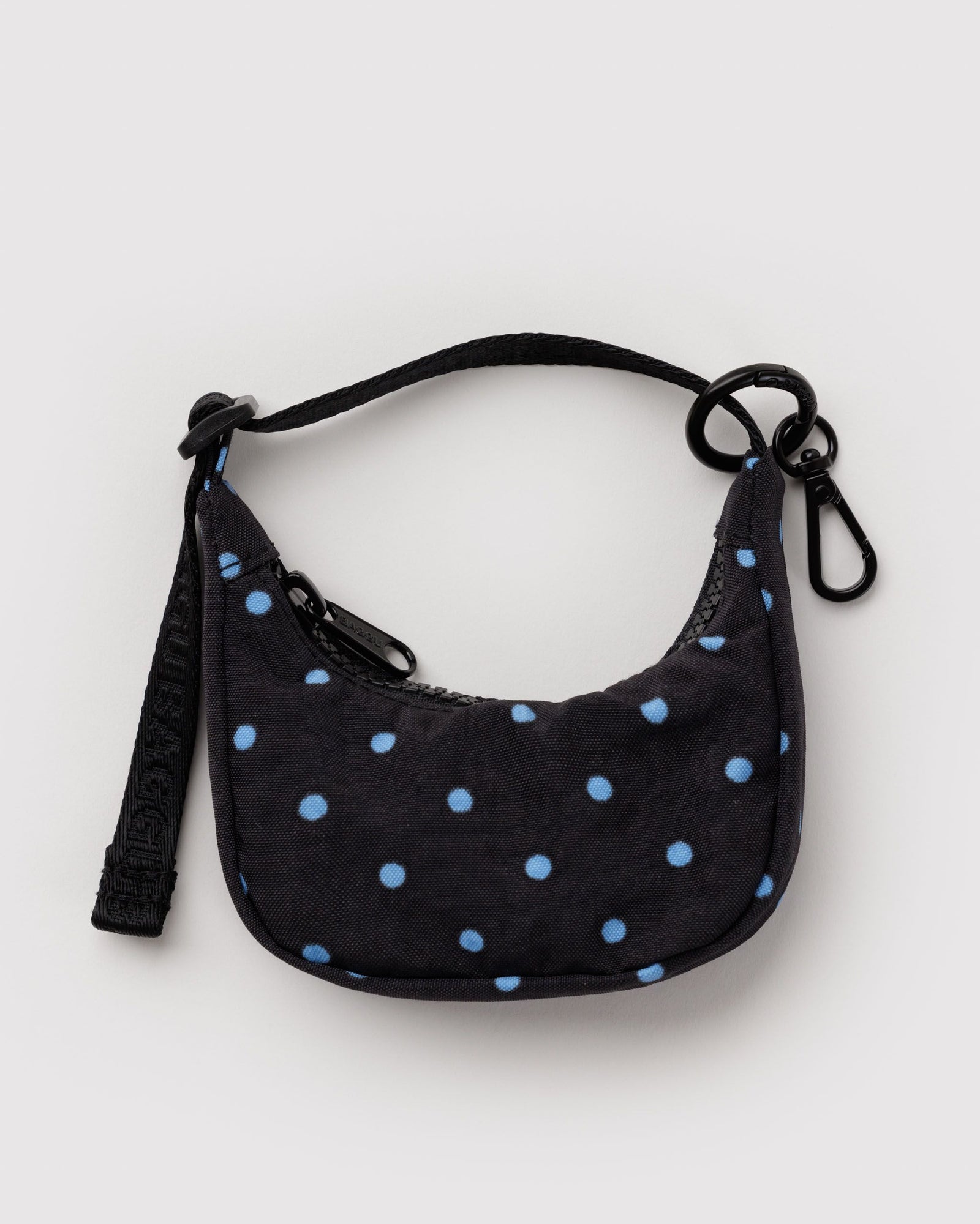 Crescent Bag Charm - Black and Sky Blue Micro Dot