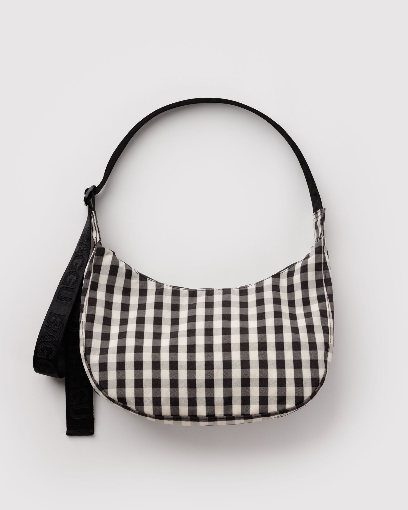 Medium Nylon Crescent Bag - Black and Cream Gingham