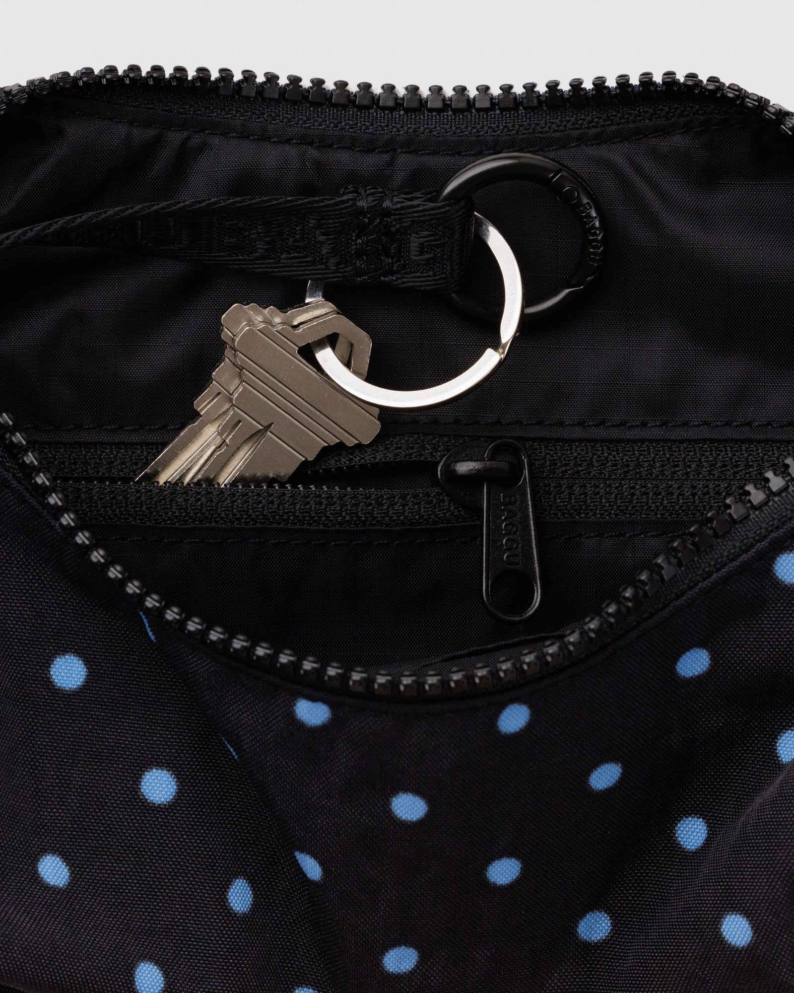 Small Nylon Crescent Bag - Black and Sky Blue Micro Dot