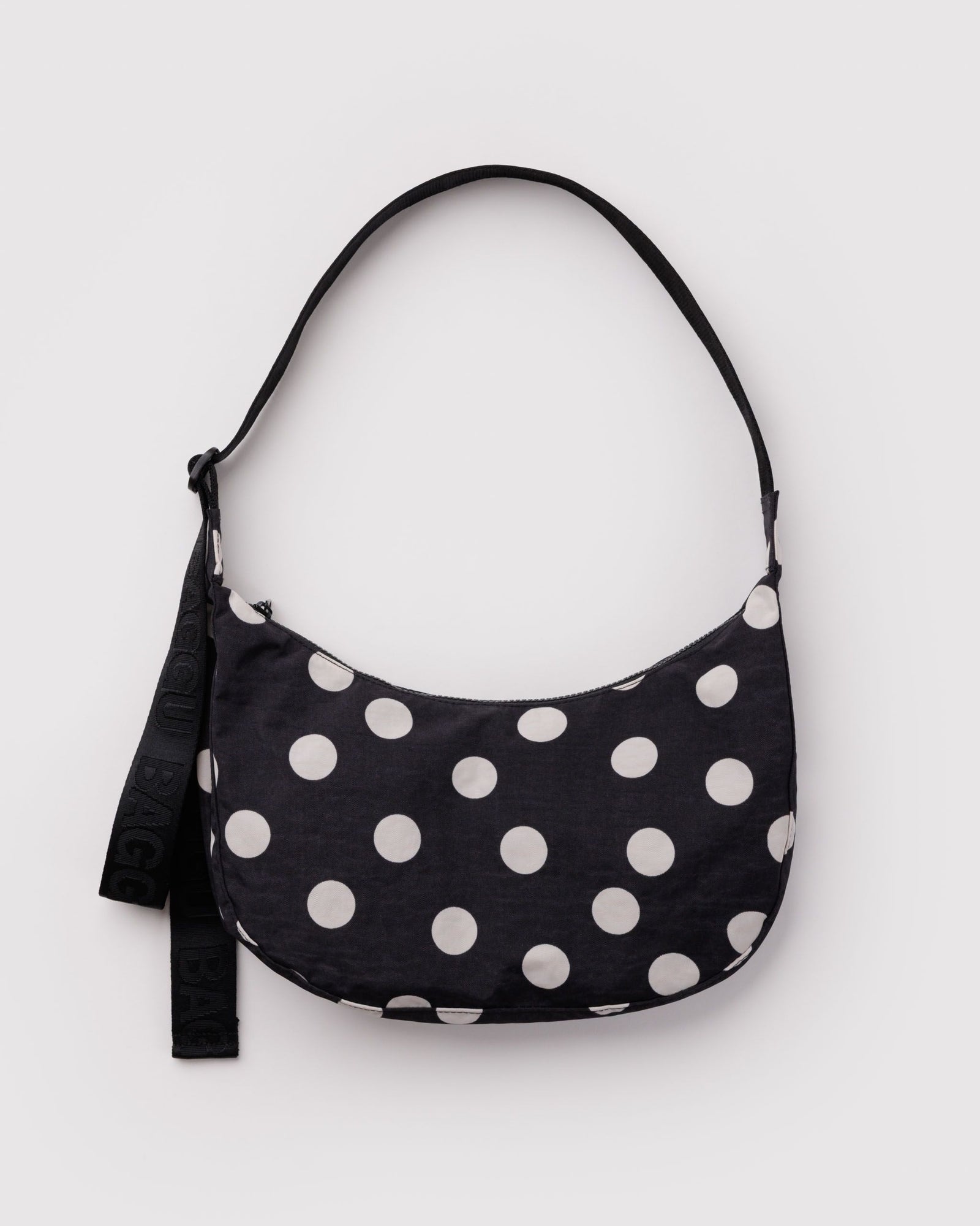 Medium Nylon Crescent Bag - Black and Cream Polka Dot