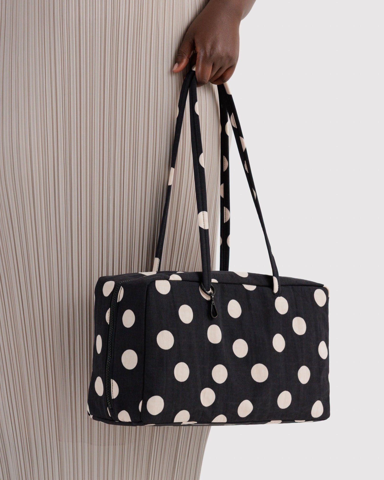 Medium Nylon Bowler Bag - Black and Cream Polka Dot